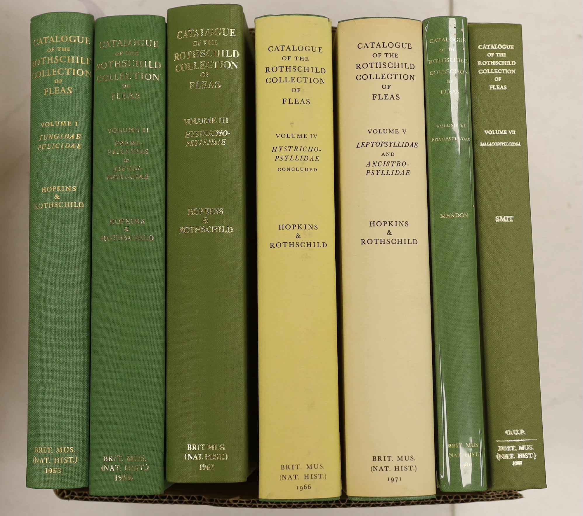 Hopkins, G.H.E., Rothschild, Miriam and Others - An Illustrated Catalogue of the Rothschild Collection of Fleas (Siphonaptera) in the British Museum (Natural History). 7 vols. num. photo. plates and text illus., folded m